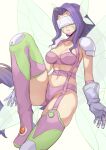  1girl armpit_crease ass_visible_through_thighs bangs bikini boots breasts butterfly_hair_ornament butterfly_wings cleavage collarbone commentary covered_eyes digimon digimon_(creature) elbow_gloves evan_yang facial_mark fairymon garter_straps gloves groin hair_ornament hairband highres knee_up long_hair medium_breasts midriff navel parted_bangs parted_lips purple_belt purple_bikini purple_footwear purple_hair purple_hairband shoulder_pads simple_background skindentation solo swimsuit thigh_boots visor white_background white_gloves wings 