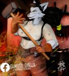  absurd_res anthro black_hair canid canine canis clothing female forging gloves hair hammer handwear hi_res jeancito93jean mammal solo tools wolf yellow_eyes 
