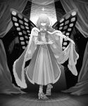  1boy ;) arthropod_boy bangs blue_eyes butterfly_wings cloak collar commentary_request crown diamond_hairband fate/grand_order fate_(series) frilled_collar frilled_sleeves frills full_body fur-trimmed_cloak fur_trim greyscale highres holding insect_wings juliet_sleeves long_sleeves male_focus medium_hair monochrome morita_yuu oberon_(fate) one_eye_closed puffy_sleeves smile solo spot_color star_(sky) teeth wings 