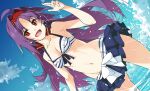  1girl :d ahoge armpits bangs bare_shoulders bikini blue_sky breasts cleavage collarbone hairband highres long_hair navel open_mouth parted_bangs pointy_ears purple_hair red_eyes red_hairband shikei sideways sky small_breasts smile solo swimsuit sword_art_online water yuuki_(sao) 