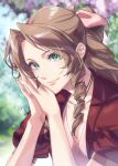  1girl aerith_gainsborough artist_name bangs blurry blurry_background braid braided_ponytail brown_hair choker curly_hair dress final_fantasy final_fantasy_vii final_fantasy_vii_remake flower_choker green_eyes hair_ribbon hinoe_(dd_works) jacket light_blush long_hair looking_at_viewer outdoors own_hands_together parted_bangs pink_dress pink_ribbon portrait puffy_short_sleeves puffy_sleeves red_jacket ribbon short_sleeves sidelocks smile solo upper_body 