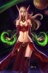 1girl blonde_hair blood_elf_(warcraft) boots breasts claw_(weapon) cleavage colored_sclera corset distr green_eyes green_sclera hairband highres large_breasts long_eyebrows long_hair looking_at_viewer magic navel navel_piercing parted_lips pelvic_curtain piercing planet pointy_ears red_skirt signature skirt solo thighhighs warcraft weapon world_of_warcraft 