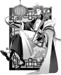 1boy bangs belt closed_mouth commentary_request earrings eyebrow_cut fate/grand_order fate_(series) flower full_body greyscale highres holding holding_instrument instrument invisible_chair jacket japanese_clothes jewelry katana lantern long_hair long_sleeves looking_at_viewer loose_clothes male_focus monochrome morita_yuu multicolored_hair pants paper_lantern ponytail shamisen sitting smile solo streaked_hair sword takasugi_shinsaku_(fate) tassel underpec weapon wide_sleeves 