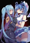  2girls aqua_hair artist_name bangs blue_angel blue_hair blue_necktie blue_panties blue_thighhighs bodysuit breast_press breasts cameltoe cape crossed_arms crossover earrings epsilon_(kage_no_jitsuryokusha_ni_naritakute!) heart heart_earrings heart_hair highres jewelry kage_no_jitsuryokusha_ni_naritakute! large_breasts long_hair medium_hair mibry_(phrysm) multiple_girls necktie panties pointy_ears purple_eyes skin_tight smirk swept_bangs symmetrical_docking thighhighs thighs twintails underwear very_long_hair yu-gi-oh! yu-gi-oh!_vrains yuri zaizen_aoi 