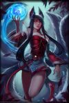  1girl absurdres ahri_(league_of_legends) animal_ears black_hair breasts detached_sleeves distr facial_mark fox_ears fox_tail hand_up highres large_breasts league_of_legends long_hair long_sleeves looking_at_viewer magic multiple_tails orange_eyes parted_lips solo standing standing_on_one_leg tail 