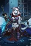  1girl armor blue_eyes blue_sclera blue_skin boobplate breasts brown_skirt cage cape chain closed_mouth colored_sclera colored_skin death_knight_(warcraft) distr draenei gauntlets highres hooves horns kneeling large_breasts long_hair looking_at_viewer midriff monster_girl navel pauldrons pelvic_curtain planted planted_sword red_cape shoulder_armor signature single_pauldron skirt smile solo sword tail tail_ornament tail_ring warcraft weapon white_hair world_of_warcraft 