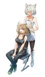  2girls absurdres black_pants black_pantyhose black_tank_top blonde_hair breast_tattoo breasts brushing_another&#039;s_hair brushing_hair camisole chair cleavage closed_eyes eunie_(xenoblade) folding_chair folding_stool full_body grey_hair grin highres large_breasts medium_hair mio_(xenoblade) multiple_girls one_eye_closed open_mouth pants pantyhose short_hair simple_background sitting small_breasts smile tank_top tattoo white_background white_camisole xenoblade_chronicles_(series) xenoblade_chronicles_3 yuda_nf 