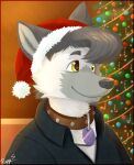  anthro black_clothing black_topwear brown_collar canid cheek_tuft chin_tuft christmas christmas_clothing christmas_headwear christmas_tree closed_smile clothing collar facial_tuft glistening glistening_eyes glistening_hair green_body grey_ears grey_hair grey_inner_ear_fluff hair hat headgear headwear hi_res holidays inner_ear_fluff male mammal mouth_closed pache_riggs plant santa_hat signature smile solo topwear tree tuft yellow_eyes 