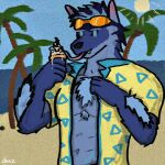  anthro beach blue_body blue_fur canid chazthewolf clothing dress_shirt food fur ice_cream_cone looking_at_viewer male mammal seaside shirt solo tindalos_(tas) topwear 