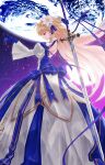  1girl antenna_hair archetype_earth arcueid_brunestud back back_bow backless_dress backless_outfit bare_shoulders blonde_hair blue_bow blue_dress blue_gloves bow breasts closed_mouth commentary_request detached_sleeves dress earth_(planet) fate/grand_order fate_(series) floating_hair flower from_side gloves hair_flower hair_ornament highres holding holding_sword holding_weapon jun_(rellik_&amp;_redrum) long_dress long_hair medium_breasts planet profile red_eyes signature solo sword tsukihime tsukihime_(remake) two-tone_dress very_long_hair weapon white_dress white_flower wide_sleeves 