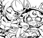  2girls blush bow breasts cleavage collarbone dress drill_hair ears_through_headwear gloves greyscale grin gwen_(league_of_legends) hair_bow hood hood_up hoodie league_of_legends looking_at_another monochrome multiple_girls one_eye_closed pants phantom_ix_row poking_belly small_breasts smile sweatdrop teeth twin_drills twintails vex_(league_of_legends) yordle 