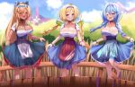  3girls ahoge aki_rosenthal apron bangs bare_legs barefoot blonde_hair blue_hair blurry blurry_background blush bouncing_breasts braid breasts choker cleavage closed_eyes clothes_lift collarbone crushing dark_skin dirndl german_clothes hairband heart heart_ahoge highres hololive large_breasts long_hair low_neckline multiple_girls one_eye_closed open_mouth outdoors pointy_ears purple_eyes shiny shiny_skin shiranui_flare short_sleeves skirt skirt_lift smile swept_bangs tonokawa twin_braids unaligned_breasts very_long_hair virtual_youtuber wristband yellow_eyes yukihana_lamy 