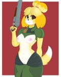  2020 absurd_res accessory animal_crossing anthro areola armor breasts canid canine canis clothing domestic_dog doom_eternal female genitals green_clothing gun hair hair_accessory hairband hi_res holding_gun holding_object holding_weapon isabelle_(animal_crossing) mammal nintendo nipples orange_eyes pink_areola pink_nipples praetor_suit pussy ranged_weapon shih_tzu shotgun smile solo super_shotgun thick_thighs toy_dog video_games weapon yellow_body zhenai 