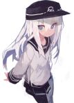  1girl absurdres anchor_symbol black_headwear black_sailor_collar black_skirt black_thighhighs blue_eyes closed_mouth flat_cap hair_between_eyes hat hibiki_(kancolle) highres kaamin_(mariarose753) kantai_collection long_hair long_sleeves sailor_collar school_uniform serafuku simple_background skirt solo thighhighs white_background white_hair 