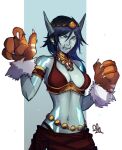  1girl animal_hands bikini black_hair blue_skin breasts brown_bikini closed_mouth colored_skin distr druid_(warcraft) facial_mark fewer_digits highres jewelry large_breasts long_hair looking_at_viewer navel necklace paw_pose solo swimsuit troll_(warcraft) tusks warcraft world_of_warcraft 