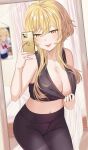  1girl :p artist_self-reference bare_arms bare_shoulders black_bra blonde_hair blurry blurry_background blush bra bra_pull breasts cleavage clothes_pull cowboy_shot genshin_impact high-waist_pants highres holding holding_phone indoors large_breasts looking_at_viewer lumine_(genshin_impact) midriff navel o-los pants phone selfie short_hair_with_long_locks sports_bra sportswear standing tongue tongue_out underwear yellow_eyes yoga_pants 