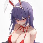  1girl animal_ears bangs bare_shoulders bikini biya_(1024) blue_eyes blush bow bowtie breasts chest_tattoo choker cleavage collarbone fake_animal_ears highres large_breasts long_hair looking_at_viewer original purple_hair rabbit_ears solo sweat swimsuit tattoo white_background 