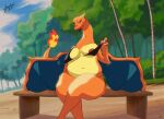  2022 3_fingers absurd_res anthro areola artist_name beach belly bench big_belly big_breasts bikini black_bikini_top blulesnsfw breasts charizard claws clothed clothing clothing_lift digital_media_(artwork) dragon fangs female fingers fire flashing flashing_breasts forest generation_1_pokemon grass hi_res licking membrane_(anatomy) membranous_wings navel nintendo nipples on_bench open_mouth outside overweight palm_tree plant pokemon pokemon_(species) sand scalie seaside sitting sitting_on_bench sky smile solo swimwear thick_thighs tongue tongue_out topwear tree video_games wings 