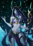  1girl armlet blue_hair breasts colored_sclera colored_skin distr green_eyes green_sclera grey_skin grin highres holding holding_staff horns jewelry large_breasts long_hair looking_at_viewer navel necklace original pelvic_curtain pointy_ears smile solo staff very_long_hair 