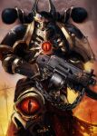  1boy absurdres armor black_legion_(warhammer) bolter chain chaos_(warhammer) chaos_space_marine distr fake_horns full_armor glowing glowing_eyes gun helm helmet highres holding holding_gun holding_weapon horned_helmet horns looking_at_viewer pauldrons shoulder_armor solo space_marine warhammer_40k warhammer_fantasy weapon 