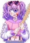  1girl :d azen_(mntimcczgrtn) bandaid bandaid_on_hand baseball_bat blood blood_on_face cyclops fangs heart heart-shaped_eyewear highres holding holding_baseball_bat holding_weapon looking_at_viewer medium_hair midriff nail nail_bat navel navel_piercing one-eyed open_mouth original piercing pink_shirt purple_eyes purple_hair red-framed_eyewear shirt simple_background smile sunglasses twintails weapon white_background 