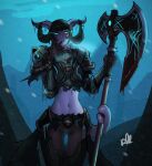  1girl armor axe black_hair blue_eyes brown_pants colored_skin death_knight_(warcraft) distr draenei eye_trail hair_on_horn highres holding holding_axe holding_with_tail horns light_trail looking_at_viewer midriff navel pants parted_lips pauldrons prehensile_tail purple_skin shoulder_armor signature snow solo standing tail warcraft world_of_warcraft 