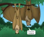  2021 animal_genitalia balls bat_wings branch chest_tuft chiropteran dialogue digital_media_(artwork) duo female feral forest forest_background fur genitals leaf love male male/female mammal membrane_(anatomy) membranous_wings nature nature_background nude plant pteropodid pussy reinderworld rr sheath smile smiling_at_each_other smiling_at_partner speech_bubble spread_wings spreading stellaluna_(movie) talking_feral talking_to_another talking_to_partner text tree tuft wings 