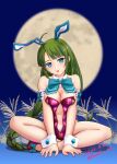  1girl adapted_costume ahoge animal_ears aqua_bow aqua_bowtie bow bowtie braid breasts detached_collar fake_animal_ears full_moon green_hair kantai_collection large_breasts leotard long_hair lotus_position moke_ro mole mole_under_mouth moon navel playboy_bunny purple_leotard rabbit_ears single_braid sitting solo strapless strapless_leotard tongue tongue_out very_long_hair wrist_cuffs yuugumo_(kancolle) 