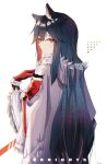  1girl absurdres animal_ears arknights bangs black_hair eyebrows_hidden_by_hair gloves hair_between_eyes highres jacket long_hair looking_at_viewer looking_back original red_eyes river_(river_ga) simple_background solo texas_(arknights) white_background wolf_ears wolf_girl 