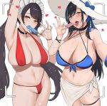  2girls arm_up armpits bangs bikini black_hair blue_bikini blue_bow blue_eyes blue_hair blue_nails blue_ribbon blush bow bracelet breasts cameltoe character_request cleavage dripping eating food front-tie_top gongba_laoge hair_ribbon hand_up hat hat_bow heart holding holding_food jewelry large_breasts lin_(tower_of_fantasy) long_hair maid_headdress mole mole_under_eye multicolored_hair multiple_girls nail_polish navel open_mouth outstretched_arm popsicle red_bikini red_nails ribbon sarong sexually_suggestive standing stomach streaked_hair sun_hat swimsuit thigh_strap tongue tongue_out tower_of_fantasy twintails two-tone_hair very_long_hair viewfinder white_headwear 
