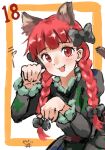  1girl :3 :d animal_ears black_bow bow braid cat_ears cat_tail dress fang green_dress hair_bow kaenbyou_rin long_sleeves multiple_tails paw_pose red_eyes red_hair smile solo tail touhou twin_braids yasaidon 