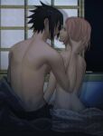  1boy 1girl bandaged_arm bandages black_hair closed_eyes haruno_sakura hetero hickey highres imminent_kiss naruto_(series) naruto_shippuuden niku_(ni23ku) nude pink_hair sitting topless_male twitter_username uchiha_sasuke window 