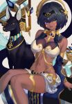  1girl b-pang bangs bare_shoulders black_hair blue_eyes breasts candace_(genshin_impact) dark-skinned_female dark_skin detached_sleeves egyptian_clothes eye_of_horus genshin_impact hair_ornament heterochromia jewelry large_breasts looking_at_viewer nail_polish navel neck_ring short_hair_with_long_locks sitting solo thighlet yellow_eyes 