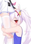  2girls animal_ears armpit_crease artist_name azur_lane bangs bare_shoulders breasts chinese_commentary closed_mouth commentary_request crossed_bangs dated fake_animal_ears hair_between_eyes hairband hand_on_another&#039;s_head highres hugging_another&#039;s_leg laffey_(azur_lane) light_purple_hair long_hair looking_at_viewer multiple_girls pleated_skirt rabbit_ears red_eyes sideboob simple_background skirt small_breasts tank_top thighhighs twintails white_background white_skirt white_thighhighs xiao_shi_lullaby 