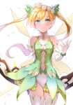  1girl absurdres blonde_hair blue_eyes blush closed_mouth fairy_wings gloves highres long_hair looking_at_viewer navel petals popo_(stella_glow) simple_background smile stella_glow twintails wings zyoto24 