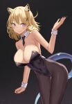  1girl absurdres animal_ear_fluff animal_ears arknights bangs bare_arms bare_shoulders black_background black_necktie black_pantyhose blonde_hair blush breasts cleavage commentary_request cowboy_shot detached_collar faldues_(gavin_b) fang fang_out hand_up highres large_breasts necktie pantyhose purple_eyes short_hair simple_background skin_fang solo standing tail thighs utage_(arknights) wrist_cuffs 