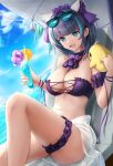  1girl :d amano_kusatsu animal_ears arm_garter azur_lane bare_shoulders beach_umbrella bikini bird black_hair blue_eyes bow bowtie breasts cheshire_(azur_lane) cheshire_(summery_date!)_(azur_lane) chick choker cleavage day earrings eyewear_on_head fake_animal_ears feet_out_of_frame flower frilled_bikini frills headdress highres holding jewelry knee_up looking_at_viewer lying manjuu_(azur_lane) medium_breasts multicolored_hair navel official_alternate_costume on_back outdoors purple_bikini purple_choker purple_flower reclining revision sarong short_hair sitting smile solo stomach strapless strapless_bikini streaked_hair sunglasses swimsuit thigh_strap thighs tropical_drink umbrella 