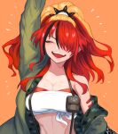  1girl :d ^_^ absurdres arm_up bandeau bangs black_hair breasts cleavage closed_eyes facing_viewer green_jacket hair_over_one_eye highres jacket lain_paterson large_breasts long_hair midriff multicolored_hair nijisanji off_shoulder open_clothes open_jacket open_mouth orange_background ponytail pouch red_hair simple_background single_bare_shoulder smile solo stomach strapless streaked_hair suspenders tsubakimaru tube_top upper_body 