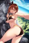  1girl ass atelier_(series) atelier_ryza atelier_ryza_2 bangs bare_shoulders beach bikini black_bikini black_ribbon blush braid breasts brown_eyes brown_hair cait_aron cleavage collarbone earrings hair_ornament highres jewelry key_necklace large_breasts looking_at_viewer necklace open_mouth reisalin_stout ribbon short_hair side_braid smile solo star_(symbol) star_earrings swimsuit thighs 