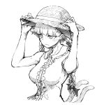  1girl arms_up bangs blunt_bangs braid cropped_torso hat jitome kaenbyou_rin keta_(psychetangle) long_hair looking_ahead monochrome nekomata simple_background solo sun_hat touhou twin_braids upper_body 