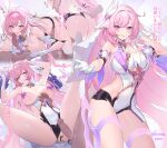  1boy 1girl ass bangs blush breasts chi-rol covered_nipples elysia_(honkai_impact) erection fellatio hair_ornament heart_pasties hetero highres honkai_(series) honkai_impact_3rd large_breasts leotard long_hair looking_at_viewer multiple_views oral pasties penis pink_hair purple_eyes smile spread_legs tongue tongue_out translation_request white_leotard 