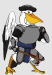  adventure anthro armor avian axe bird bottomwear brown_eyes catmonkey_(artist) clothing fantasy feathers hat headgear headwear loincloth looking_down male melee_weapon paladin pelecaniform pelican semi-anthro shabnack_(artist) simple_background solo standing weapon white_background 