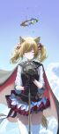  1girl absurdres animal_ears arknights black_cape black_dress blonde_hair blue_background cape closed_eyes cowboy_shot dierbeibanjia dress facing_viewer halo highres long_hair microphone_stand simple_background solo sora_(arknights) thighhighs twintails white_thighhighs wolf_ears wolf_girl 