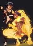  2girls absurdres animal_ears black_thighhighs bleach breasts cat_ears cat_tail covered_nipples dark-skinned_female dark_skin femdom glowing hand_on_another&#039;s_head highres john_doe leash looking_at_another multiple_girls nipple_slip nipples pussy pussy_peek shihouin_yoruichi smile squatting standing sui-feng tail thighhighs yuri 