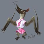  barbaridactylus beak clawed_fingers claws clothing feathers feral girly kaek male membrane_(anatomy) membranous_wings open_mouth pink_clothing prehistoric_planet pterosaur reptile scalie school_uniform simple_background solo talons toe_claws uniform wings 