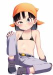  1girl atg_(wttoo0202) bandana bangs bare_shoulders bikini bikini_top_only black_footwear black_hair blush boots closed_mouth collarbone dragon_ball dragon_ball_gt fingerless_gloves flat_chest gloves grey_eyes grey_gloves grey_pants half-closed_eye highres knee_up looking_at_viewer micro_bikini navel pan_(dragon_ball) pants purple_socks simple_background sitting socks solo swimsuit white_background 