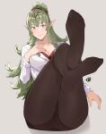  1girl alternate_costume bangs bra breasts closed_mouth crossed_legs english_commentary fire_emblem fire_emblem_awakening full_body green_eyes green_hair hair_ornament hand_on_own_chest highres jewelry long_hair long_sleeves looking_at_viewer medium_breasts no_shoes office_lady pantyhose pointy_ears ponytail red_bra ribbon sakuremi shirt simple_background smile soles solo tiara tiki_(fire_emblem) underwear white_shirt 