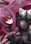  1girl bangs bodysuit breasts eyebrows_hidden_by_hair fate/grand_order fate_(series) highres holding holding_polearm holding_weapon lance long_hair looking_at_viewer nodachi_(artist) polearm purple_eyes purple_hair scathach_(fate) smile solo squatting upper_body weapon 