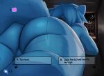  anthro big_butt blue_body blue_fur blue_hair butt clothed clothing english_text female fur hair lying mammal on_front ozoneserpent text thick_thighs 