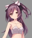  1girl ahoge animal_ears black_ribbon breasts bustier cat_ears cleavage grey_background hagikaze_(kancolle) hair_ribbon highres kantai_collection long_hair medium_breasts one_side_up purple_eyes purple_hair ribbon simple_background solo upper_body uut 